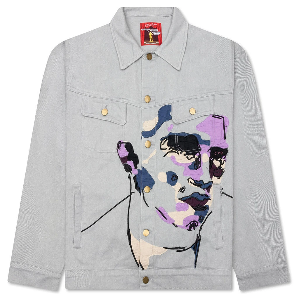 Face Embroidered Denim Jacket - Grey 1 Face Embroidered Denim Jacket - Grey