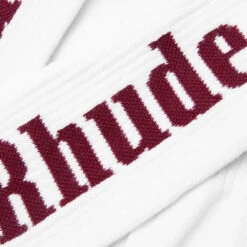 Rhude Logo Sock - White/Maroon -Fashion Clothing Store Rhude Logo Sock White Maroon RHFW22SO040705000500 09 08 22 Feature VR