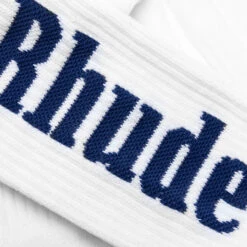 Rhude Logo Verticle Sock - White/Navy -Fashion Clothing Store Rhude Logo Verticle Sock White Navy RHPF22SO03070807 06 15 22 Feature VR 3